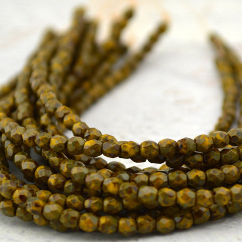 SUNFLOWER YELLOW PICASSO Czech Glass Round Beads 3mm /Faceted Round Qty 50 Earthy Opaque Yellow /Firepolished Small