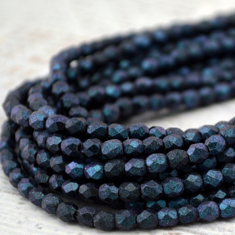 POLYCHROME INDIGO ORCHID Czech Glass Round Beads 3mm /Faceted Round Qty 50 /Blue Firepolished Small