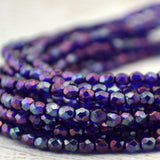 Faceted Round COBALT VEGA Czech Glass Beads Firepolished 3mm Qty 50 Purple and Cobalt Blue, Small Fire Polished Beads