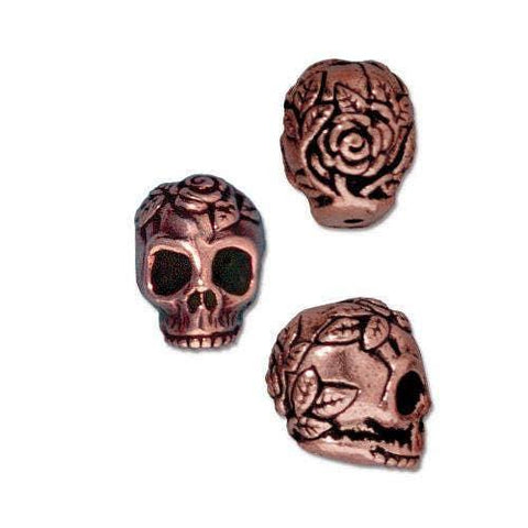 Sugar Skull Beads, ROSE SKULL Vertical Hole Beads TierraCast Antique Copper 10mm, Qty 4 to 20 Top Drilled Halloween or Day of the Dead Beads