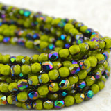 Faceted Round OLIVE VITRAIL Czech Glass Beads 4mm Qty 50, Opaque Olive Green Firepolished Small Czech Beads