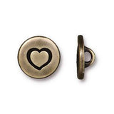 TierraCast HEART BUTTON, Brass Oxide, Small 12mm Metal Button, Qty 4 to 20, Jewelry Findings 1/2" Bracelet Clasps, Heart Outine Button