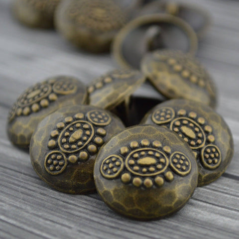 Hammered Tribal Buttons, Dark Antique Bronze Metal Button, 20mm Qty 4 , Brass Bali Style, Great for Leather Wrap Clasps or Clothing