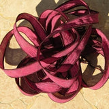 DARK RASPBERRY Silk Ribbons Pink, 5 Silk Strings, Crinkle Silk Ribbon, Silk Bracelets, Silk Wraps, Hand Dyed Handmade Dark Pink Burgundy