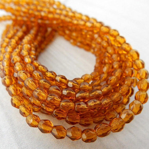 DARK TOPAZ 3mm Round Czech Beads, Faceted Round Czech Glass Beads Qty 50 Firepolished Tiny Amber Brown Beads