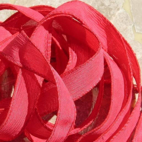 Scarlet Red silk ribbons - crinkle silk ribbons hand dyed can be used for wrap bracelets, crafts, tassels or for bridal flower bouquet trim