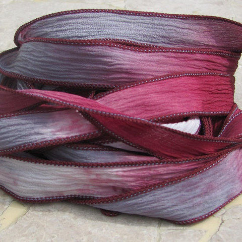 RASPBERRY JAM Silk Ribbons, Hand Dyed Silk Strings 5 Burgundy Pink Gray Strings, Stringing Supplies, Silk Wraps for Jewelry