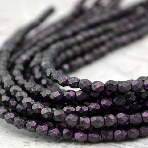 BLACK CURRENT POLYCHROME 3mm Faceted Round Czech Glass Bead /Qty 50 Firepolished Purple Blackberry