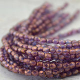 BRONZE ILLUSION 3mm Faceted Round Czech Glass Beads Qty 50 Transparent Amethyst Purple with Bronze Finish /Firepolished Small