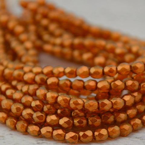 HALO SANDALWOOD 3mm Faceted Round Czech Glass Beads Qty 50  /Firepolished Fire Polish Facet Transparent Orange with Gold Finish