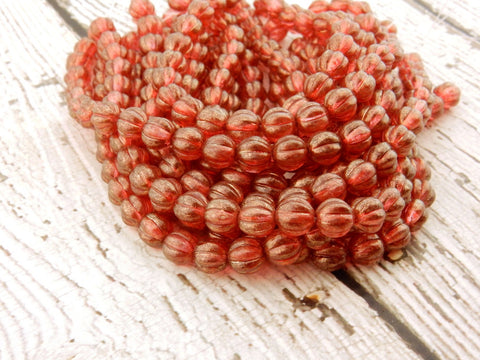 Czech Glass Melon Beads, HALO CARDINAL Melons, RED Carved Melon Beads 5mm, Full Strand 50 Beads, Halo Finish Gold Dusted