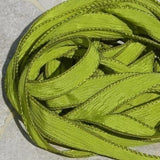 CHARTREUSE GREEN Silk Ribbons, Crinkle Ribbon, Hand Dyed and Handmade Qty 5 Sewn Necklace, Silk Wraps for Bracelets, Necklaces or Crafts