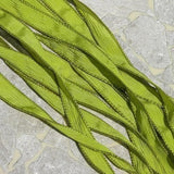 CHARTREUSE GREEN Silk Ribbons, Crinkle Ribbon, Hand Dyed and Handmade Qty 5 Sewn Necklace, Silk Wraps for Bracelets, Necklaces or Crafts