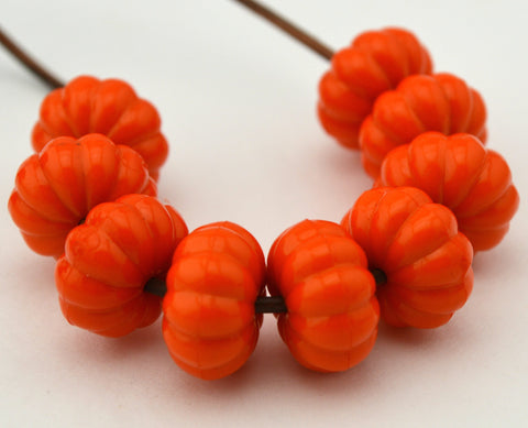 Orange Carved Pumpkin Beads Qty 12 Acrylic Melons, 15mm Pumkins, Bright Orange Halloween Beads, Fall Melon Beads