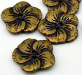 HIBISCUS Buttons Antique Brass, Hawaiian Five Petal Flower Button 1" Qty 4 to 12, 25mm Leather Wrap Clasp, Clothing Button