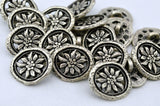 OLIVIA Buttons, Antique Silver OVAL Flower Metal Button, 15mm Qty 4 Pierced Shank Back, 5/8" Leather Wrap Clasps or Clothing