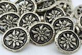 OLIVIA Buttons, Antique Silver OVAL Flower Metal Button, 15mm Qty 4 Pierced Shank Back, 5/8" Leather Wrap Clasps or Clothing