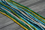 SPRING LOVE Silk Cords, Cording Assortment Qty 8 Strings 3-4mm Thick, Hand Dyed Silk Strings, Blues Greens, Yellow, Ivory, JamnGlass Silks