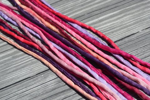 FRUIT SORBET Silk Cords, Cording Assortment Qty 8 Strings 3-4mm Thick, Hand Dyed Silk Strings, Pink, Peach Purple Jamn Glass Silks