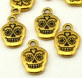 Sugar Skull Charms, 18mm Tierracast Day of the Dead, Rose Skull, Qty 4 Antique Gold Skull Drops, Great to make Day of the Dead Jewelry