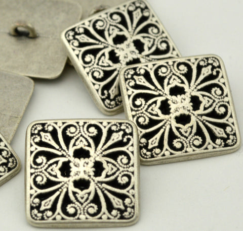 MADISON Buttons Antique Silver Metal Buttons, Square Filigree Button 1" Qty 4 to 12, 24mm Leather Wrap Clasp, Clothing Button