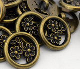 BUTTERCUP FLOWER Buttons, Antique Brass Metal Button, 15mm Qty 4 Pierced Shank Back, 5/8" Leather Wrap Clasps or Clothing