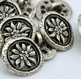 OLIVIA Buttons, Antique Silver OVAL Flower Metal Button, 15mm Qty 4 Pierced Shank Back, 5/8" Leather Wrap Clasps or Clothing