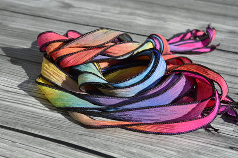 COSMOS Silk Ribbons, Qty 5, Crinkle Silk Ribbons, Hand Dyed Ribbon, JamnGlass Watercolor Silk, Great for Necklaces, Silk Wraps or Bracelets