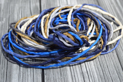 SAND and SEA Silk Cord Assortment 2-3mm Hand Dyed Hand Sewn Cording Bulk 10 to 50 Strings, Navy, Sapphire, Blue Jean, Gray Tan Ivory Cords