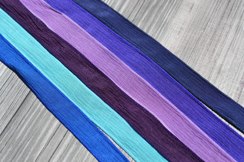 RIVER WALK Silk Ribbon Assortment Hand Dyed Silk Ribbons Qty 6 Crinkle Silk Ribbon Strings, Purple, Violet, Grape, Navy, Sapphire, Turquoise