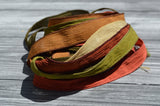 TUSCANY Silk Ribbon Assortment Hand Dyed Ribbons Qty 6 Crinkle Silk Strings Avocado, Rust, Saddle Brown, Khaki Gold, Olive, Pumpkin Spice