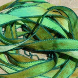 Emerald Isle, Qty 5 Silk Ribbons, Crinkle Silk Ribbon, Watercolor Hand Dyed  Sewn Green Gold Tan Brown Teal