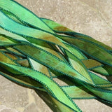 Emerald Isle, Qty 5 Silk Ribbons, Crinkle Silk Ribbon, Watercolor Hand Dyed  Sewn Green Gold Tan Brown Teal