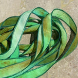 Emerald Isle, Qty 5 Silk Ribbons, Crinkle Silk Ribbon, Watercolor Hand Dyed  Sewn Green Gold Tan Brown Teal