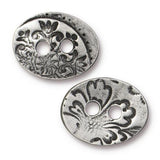 TierraCast JARDIN Buttons, Two Hole Oval, Dark Antique Silver, Flower Embellished Metal Button 19mm Qty 4 to 20 Leather Wrap Clasps