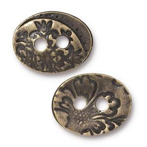 TierraCast JARDIN Buttons, Two Hole Oval, Antique Brass Metal Button, 18mm, Bronze Floral Oval Buttons, Qty 4 to 20 Leather Wrap Clasps