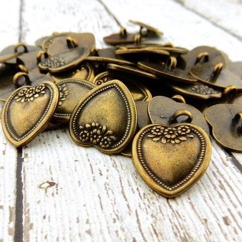 Vintage Victorian Flower Heart Button 3/4" or 20mm Antique Brass, Metal Shank Buttons Great for Leather Wrap Clasps