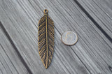 TierraCast Feather Pendants,  Large 3" Feather Charms, 72mm, Antique Brass, Qty 1 to 4, TierraCast Pewter, Bronze, Made in the US, Lead Free