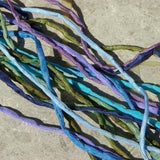 COOL BRIGHTS Silk Cords, Hand Dyed Hand Sewn 2-3mm Silk Strings, Qty 9 Strings Blue Purple Green, Jewelry Making Craft Cords