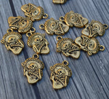 Guitaro Skeleton Pendants, Tierracast Qty 4 Antique Gold, Viva Mexico Day of the Dead or Halloween Charm Male Skeleton Playing Guitar