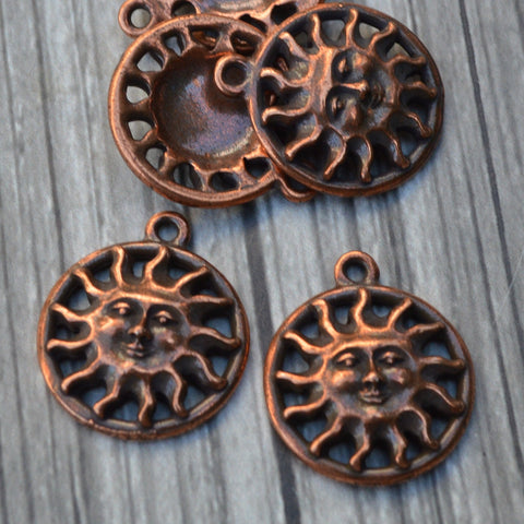 Sunshine Drops, TierraCast Charms, Antique Copper, Qty 4 to 20, Sun Face Pendants, Yoga Meditation Wrap Bracelet Charm