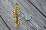 TierraCast Feather Pendants,  Large 3" Feather Charms, 72mm, Antique Gold, Qty 1 to 4, TierraCast Pewter, Made in the US, Lead Free