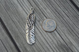 TierraCast Feather Pendant,  Medium 2" Feather Charm, 49mm, Antique Silver, Qty 1 to 4, Western Southwest Pewter Charms, Made in the US