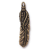 TierraCast Feather Pendant,  Medium 2" Feather Charm 49mm, Antique Brass, Qty 1 to 4, Bronze Western Southwest Pewter Charms, Made in the US