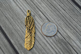 TierraCast Feather Pendant - 2" Tall feather charm 49mm in Antique Gold - Qty 1 to 4 - Western Southwest pewter charms - Made in the USA