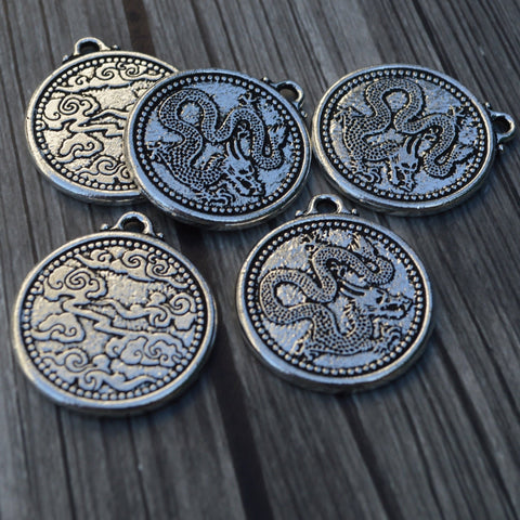 TierraCast DRAGON COIN Pendant, Double Sided Charm, 28mm, Antique Silver, Qty 1 to 4, Pewter Charms, Made in the US