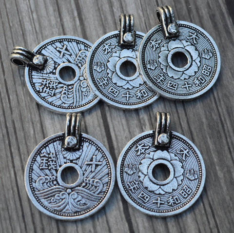 TierraCast ASIAN COIN Pendant, Double Sided Charm, 25mm, Antique Silver, Qty 2 to 10, Pewter Charms, Made in the US