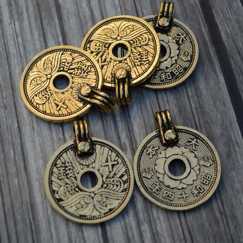 TierraCast ASIAN COIN Pendant, Double Sided, 25mm, Antique Gold, Qty 2 to 10, Pewter Charms, Made in the USA, Yoga Wrap Charms