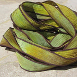 BANANAS Silk Ribbons, Qty 5, Hand Dyed Sewn Watercolor Silk Strings, Crinkle Silk Ribbons, Green Yellow Brown