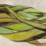 BANANAS Silk Ribbons, Qty 5, Hand Dyed Sewn Watercolor Silk Strings, Crinkle Silk Ribbons, Green Yellow Brown